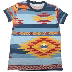 LuLaRoe Randy Tee Women Small Blue Orange Southwestern Aztec Geometric Raglan